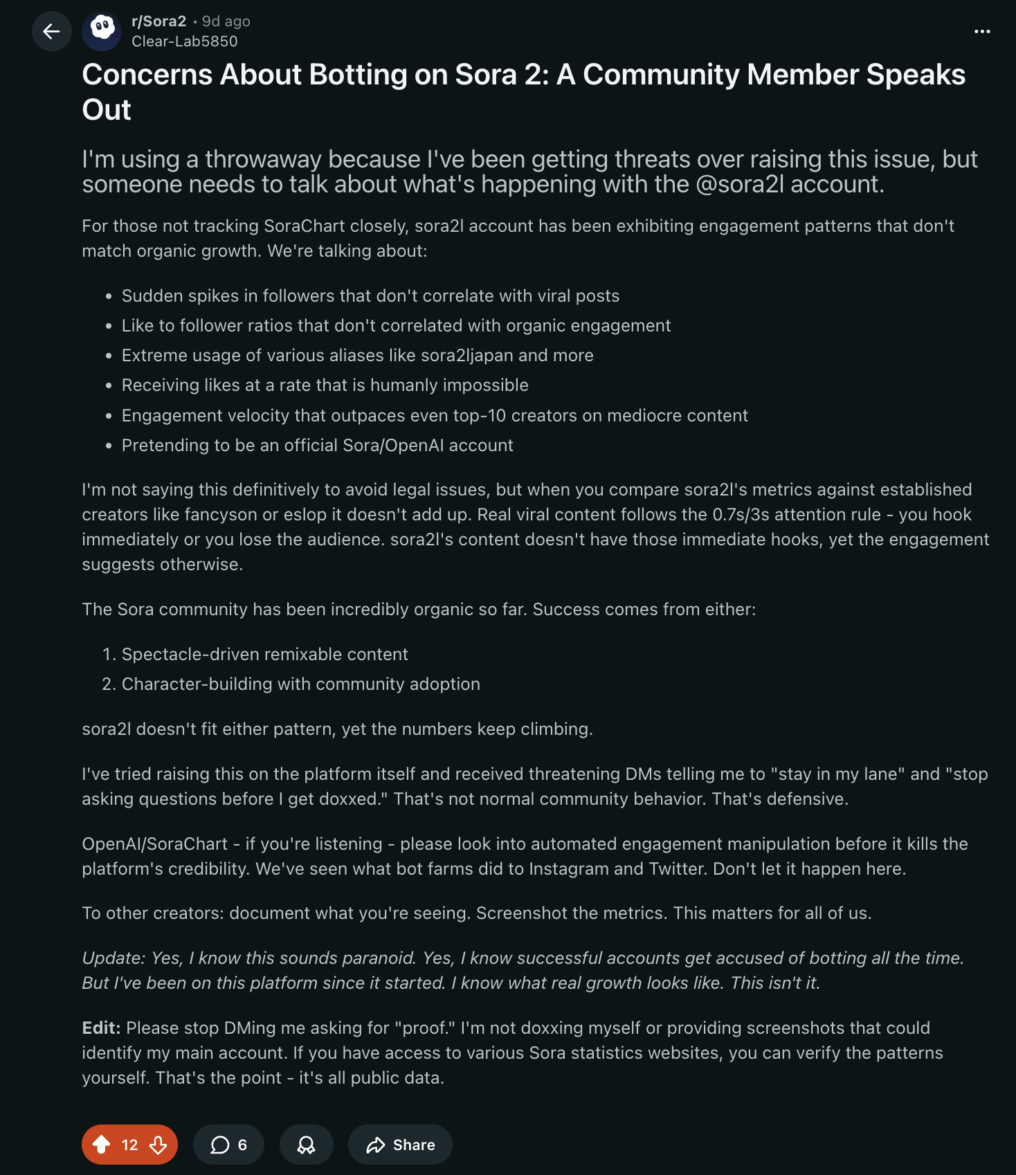 Reddit post titled 'Concerns About Botting on Sora 2: A Community Member Speaks Out' detailing suspicious follower spikes, like ratios, and threatening DMs