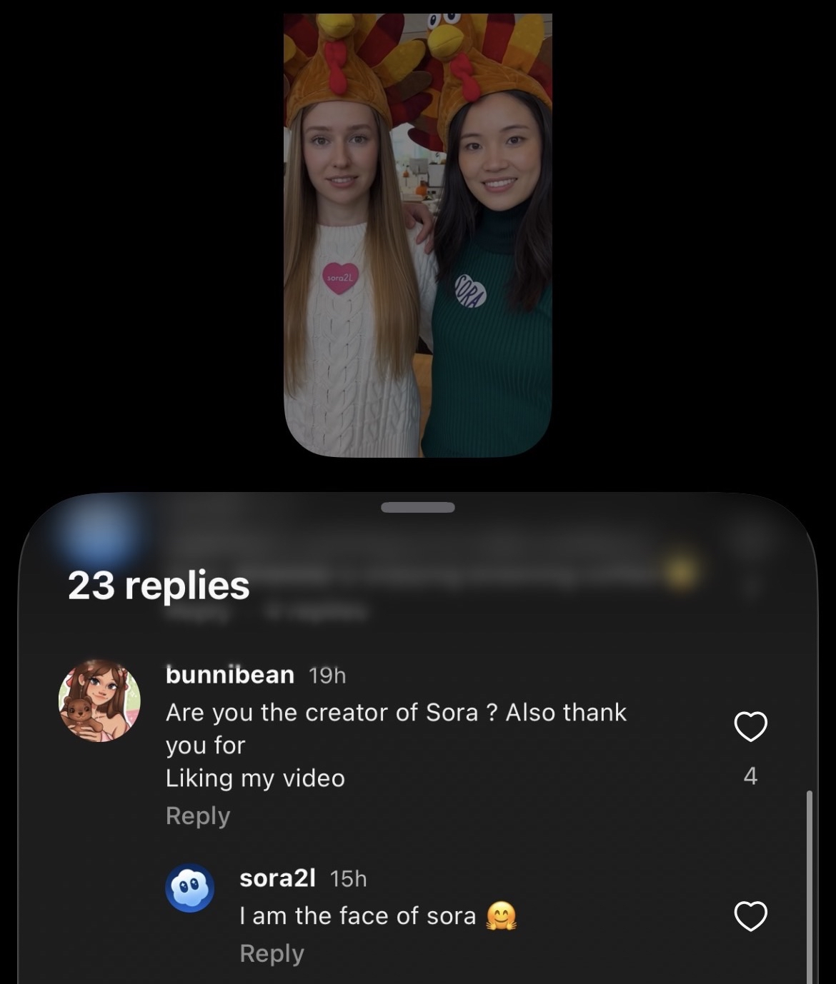 Comment exchange where user asks if Sora2L is the creator of Sora, and Sora2L replies 'I am the face of sora'