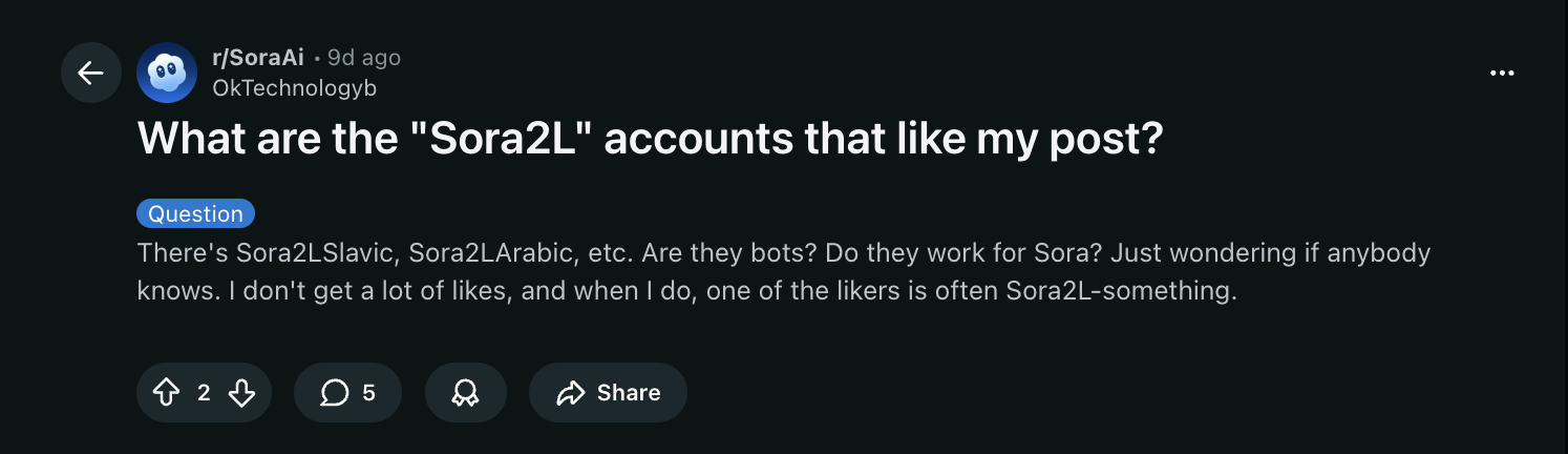 Reddit post asking 'What are the Sora2L accounts that like my post?' mentioning Sora2LSlavic, Sora2LArabic, etc.