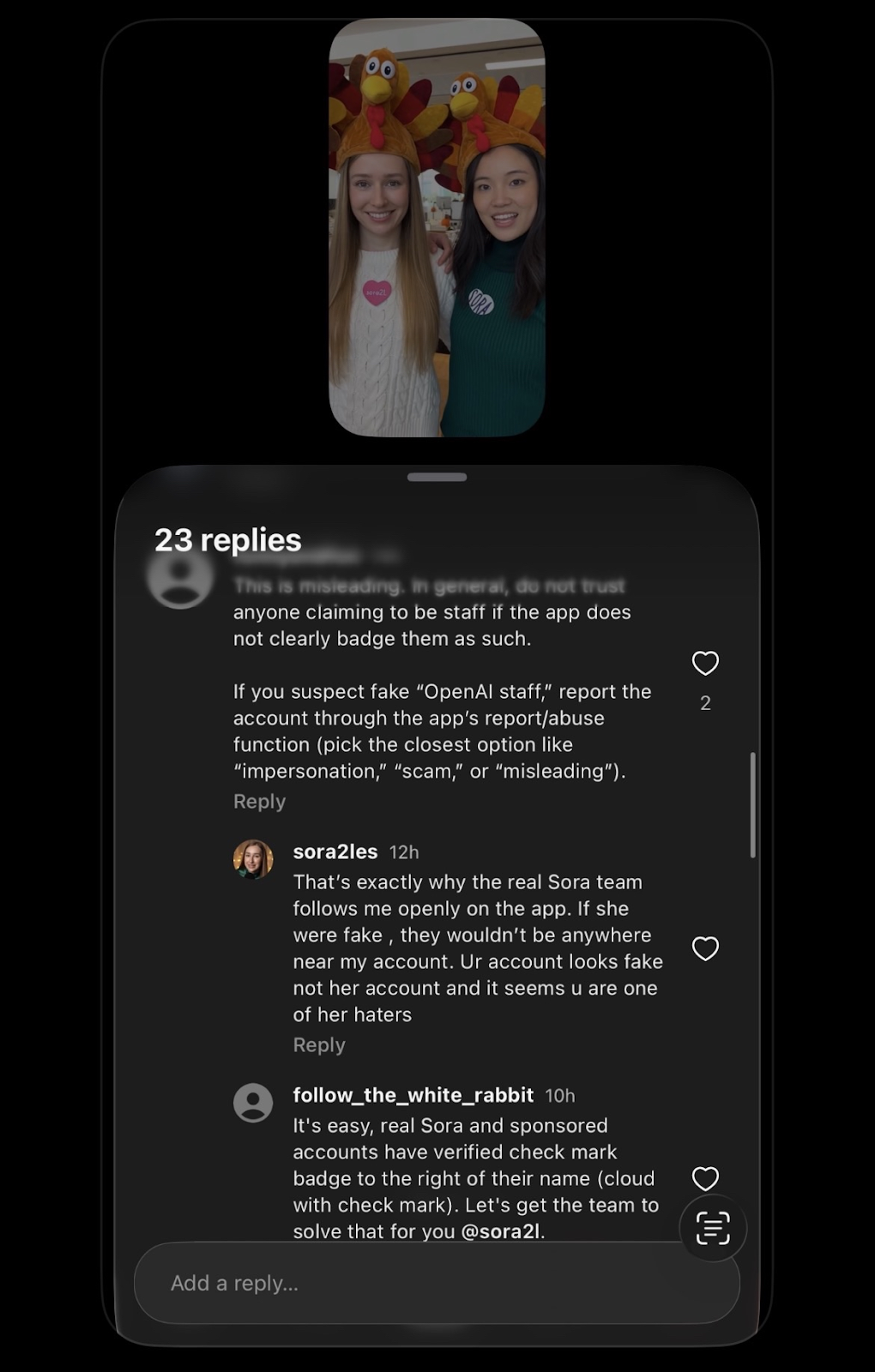 Comments showing someone warning about impersonation and a sora2les account claiming the real Sora team follows them